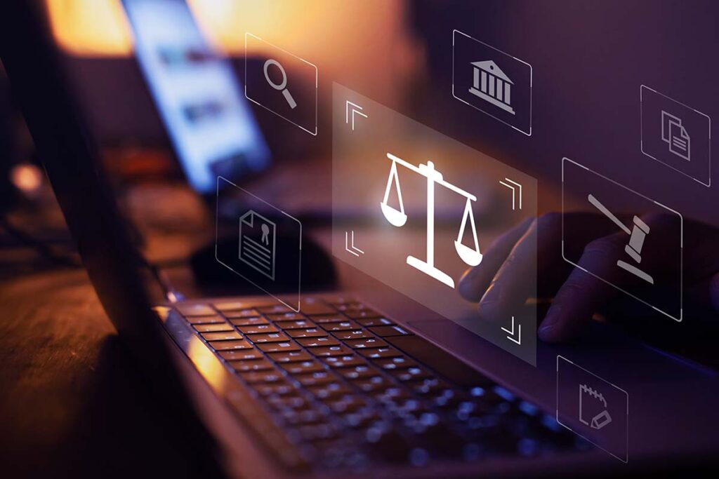 Laptop showing a video editing timeline with law icons representing fair use, copyright rules, and legal guidance for content creators.