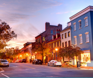 old town Alexandria VA street at night
